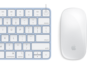 Gros plan sur un Magic Keyboard et une Magic Mouse de couleur assortie, avec mise en évidence de l’empreinte digitale Touch ID