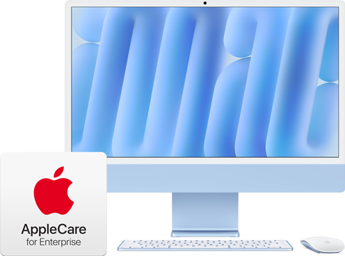 Badge AppleCare+, avec iMac vu de face et Magic Keyboard et Magic Mouse assortis