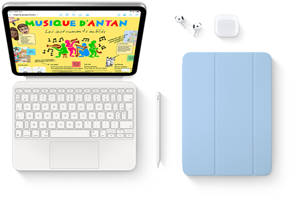 Images des produits suivants : iPad, Magic Keyboard Folio, Apple Pencil, AirPods et Smart Folio.