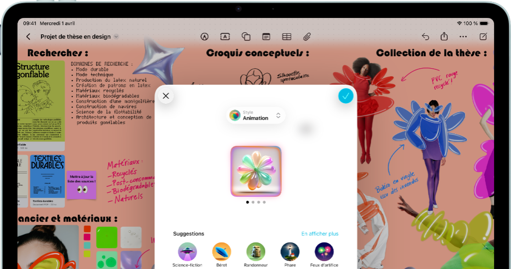 iPad Air, face avant, mode paysage, bouton d’augmentation du volume, bouton de réduction du volume, bouton d’alimentation, écran affichant une interface d’app colorée avec différentes icônes