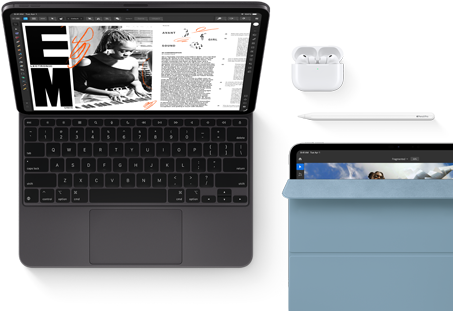 iPad Air, coloris lumière stellaire, écran affichant des graphismes colorés, fixé à un Magic Keyboard, à côté des accessoires Airpods Pro et Apple Pencil Pro