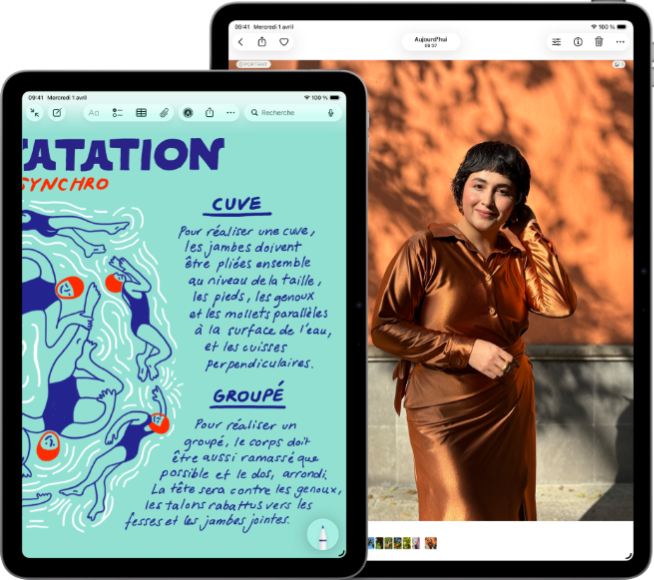 Deux iPad Air, modèles 11 pouces et 13 pouces, le modèle 11 pouces affiche du texte coloré dans l’app Notes, le modèle 13 pouces affiche la photo d’une personne dans l’app Photos
