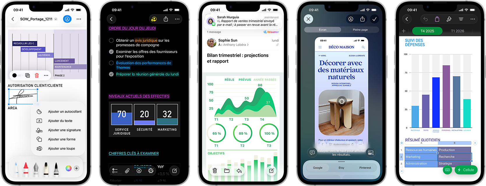 Plusieurs iPhone&nbsp;17e c&ocirc;te &agrave; c&ocirc;te en mode portrait mettant en avant les performances avec diff&eacute;rents graphiques, tableaux et apps professionnelles de productivit&eacute; comme Aper&ccedil;u, Notes, Mail, Intelligence visuelle et Numbers