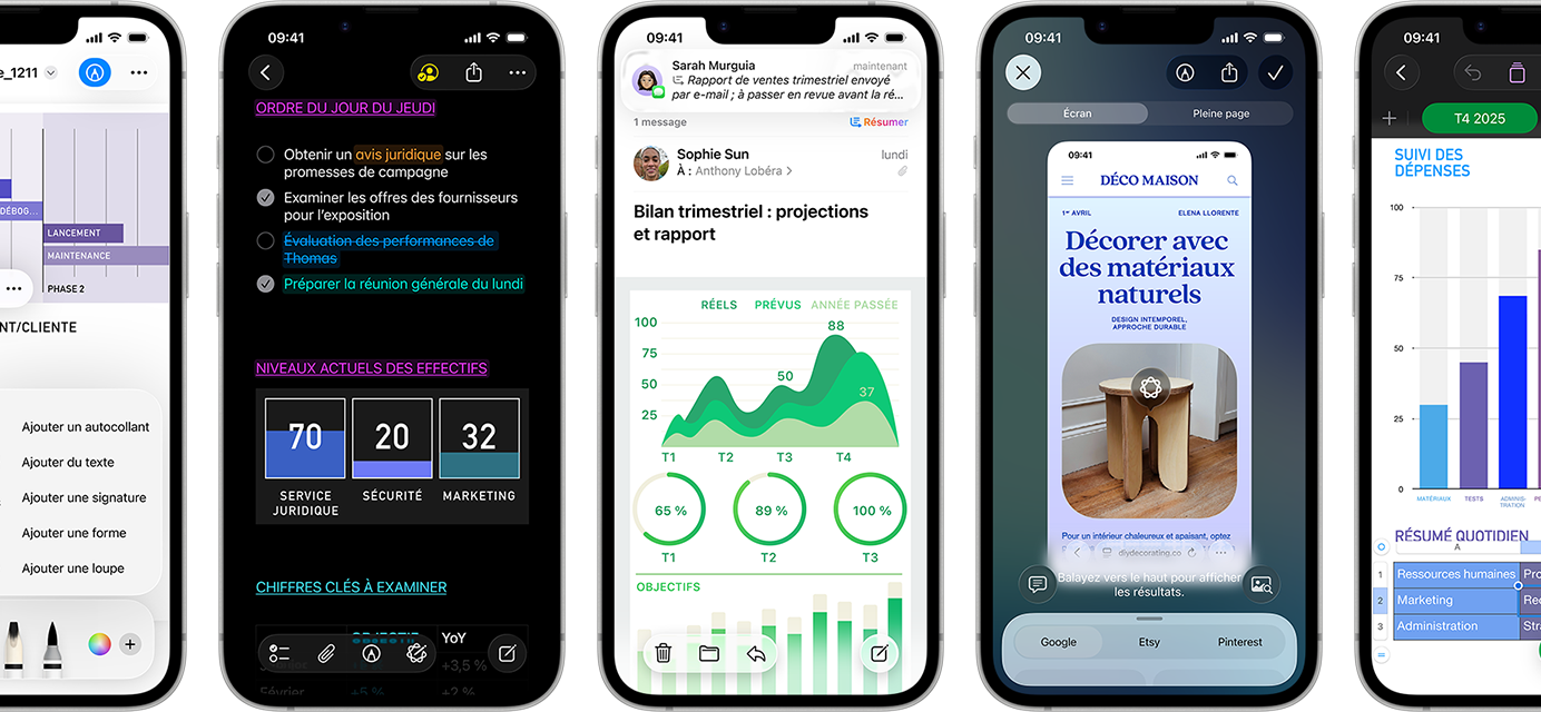 Plusieurs iPhone&nbsp;17e c&ocirc;te &agrave; c&ocirc;te en mode portrait mettant en avant les performances avec diff&eacute;rents graphiques, tableaux et apps professionnelles de productivit&eacute; comme Aper&ccedil;u, Notes, Mail, Intelligence visuelle et Numbers