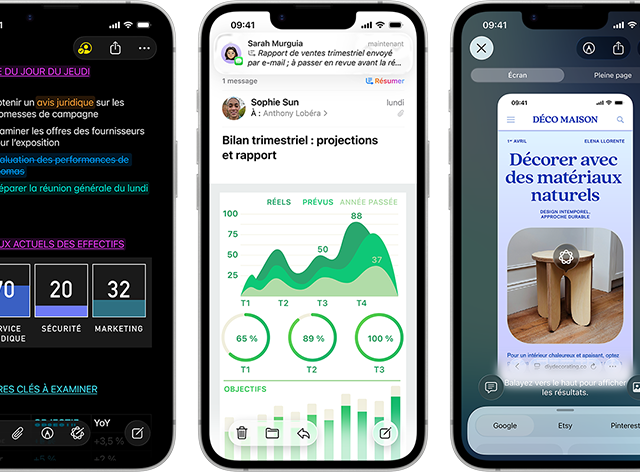 Plusieurs iPhone&nbsp;17e c&ocirc;te &agrave; c&ocirc;te en mode portrait mettant en avant les performances avec diff&eacute;rents graphiques, tableaux et apps professionnelles de productivit&eacute; comme Aper&ccedil;u, Notes, Mail, Intelligence visuelle et Numbers