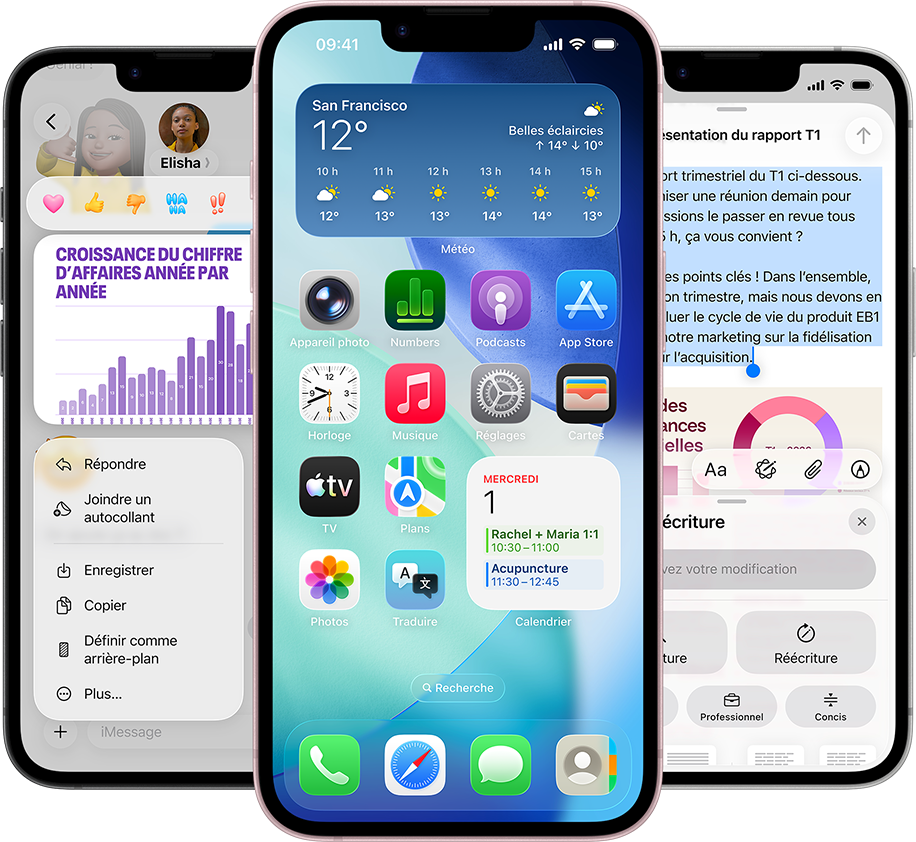 Quelques iPhone 17e côte à côte affichant la photo d’un graphique dans l’app Mes0sages, l’écran d’accueil avec le widget Météo et des apps, et l’app Notes avec les Outils d’écriture Apple Intelligence en cours d’utilisation