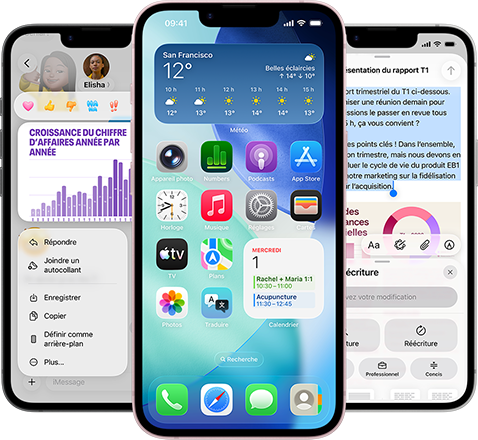 Quelques iPhone 17e côte à côte affichant la photo d’un graphique dans l’app Messages, l’écran d’accueil avec le widget Météo et des apps, et l’app Notes avec les Outils d’écriture Apple Intelligence en cours d’utilisation