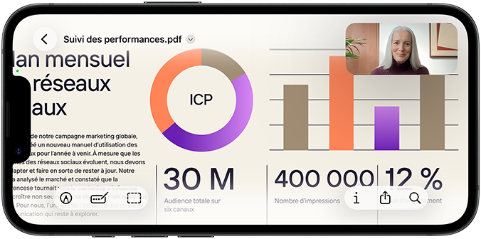 iPhone 17e en mode paysage affichant un appel FaceTime pour visionner une présentation dans Aperçu