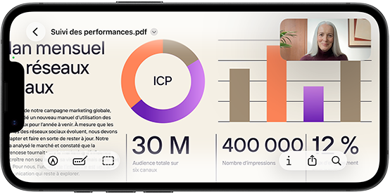iPhone 17e en mode paysage affichant un appel FaceTime pour visionner une présentation dans Aperçu