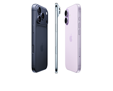 iPhone&nbsp;17e rose pastel avec Porte-cartes en tissage fin violet nuit, iPhone&nbsp;17e noir avec chargeur MagSafe, iPhone&nbsp;17e blanc dans une coque transparente avec MagSafe