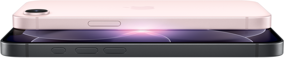 iPhone 17e, vue horizontale, faces latérale et arrière, coloris rose pastel, iPhone 17e, vue horizontale, faces latérale et arrière, coloris noir