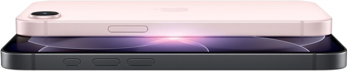 iPhone 17e, vue horizontale, faces latérale et arrière, coloris rose pastel, iPhone 17e, vue horizontale, faces latérale et arrière, coloris noir