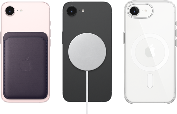 iPhone 17e, face arrière, coloris rose pastel, Porte-cartes en tissage fin avec MagSafe fixé, iPhone 17e, face arrière, coloris noir, Chargeur MagSafe fixé, iPhone 17e, face arrière, coloris blanc, coque transparente avec MagSafe fixée