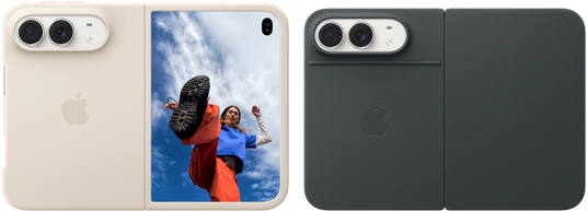iPhone Duo, finition blanc stellaire dans une coque en silicone sable, mode paysage, entièrement ouvert en position horizontale, double caméra Fusion en haut à gauche, une coque recouvre la face extérieure arrière et le bord de l’écran interne, le côté droit présente l’écran externe affichant l’image d’une personne. iPhone Duo, finition blanc stellaire, appuyé sur le Folio marine avec support, complètement ouvert à l’horizontale ; la face extérieure arrière met en évidence la double caméra Fusion 48 MP, deux objectifs