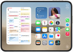 iPhone Duo, ouvert en mode paysage, sur la gauche un widget de calendrier, sur la droite l’écran d’accueil d’iOS
