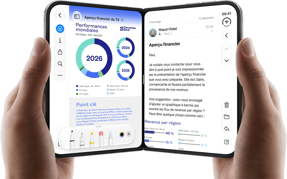 iPhone Duo, tenu par deux mains en mode paysage, la main gauche montre un document professionnel dans Aperçu, la main droite montre un e-mail dans Mail