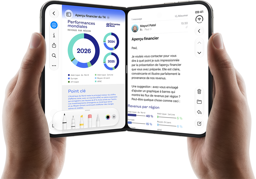 iPhone Duo, tenu par deux mains en mode paysage, la main gauche montre un document professionnel dans Aperçu, la main droite montre un e-mail dans Mail