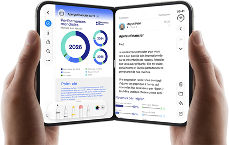 iPhone Duo, tenu par deux mains en mode paysage, la main gauche montre un document professionnel dans Aperçu, la main droite montre un e-mail dans Mail
