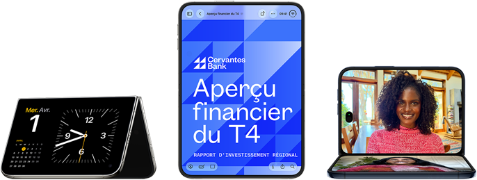 iPhone Duo, différentes positions : ouvert en mode paysage inversé, entrouvert, écran extérieur, design tout écran. Ouvert à la verticale, écran affichant une app bancaire. Ouvert en mode paysage, déplié en angle droit, écran intérieur, design tout écran.