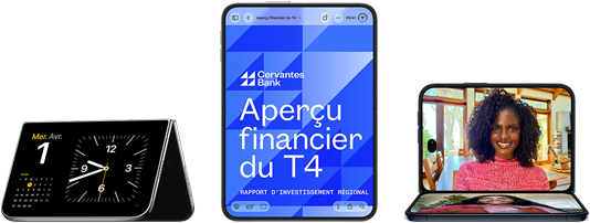 iPhone Duo, différentes positions : ouvert en mode paysage inversé, entrouvert, écran extérieur, design tout écran. Ouvert en mode portrait, écran affichant une app bancaire. Ouvert en mode paysage, déplié en angle droit, écran intérieur, design tout écran.
