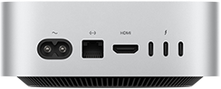 Mac mini, de dos, prise d’alimentation, port Ethernet, port HDMI, trois ports Thunderbolt