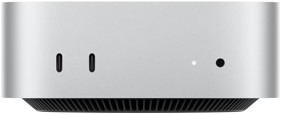 Mac mini, vue de face, boîtier argent, deux ports USB-C, bouton d’alimentation, voyant lumineux de statut, grille de ventilation en bas