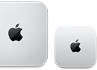 Deux Mac mini, vus de dessus, aluminium argent, angles arrondis, logo Apple noir brillant centré, l’appareil de gauche correspond à la nouvelle version et fait moins de la moitié de la taille de celui de droite