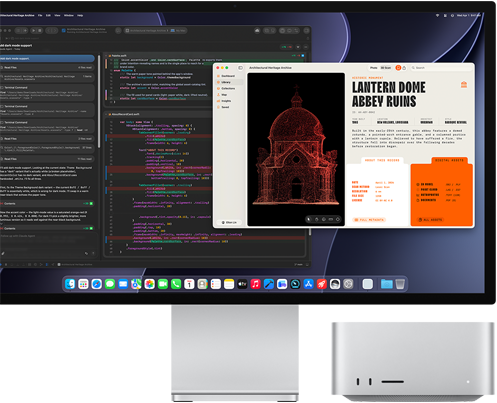 Studio Display XDR, écran affichant un document en cours de traitement dans Claude Agent dans Xcode, Mac Studio, vue de face