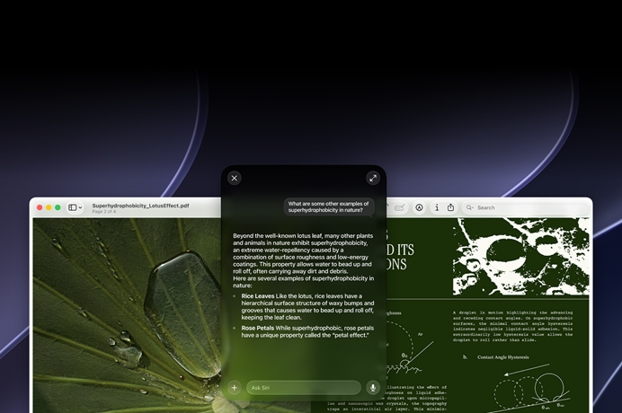Démonstration de Siri et de l'Intelligence visuelle, requête de la personne sur un sujet figurant dans un PDF affiché sur un Mac, D'autres exemples de superhydrophobie dans la nature ?, réponse de Siri