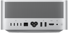 Mac Studio, arrière, évents en aluminium, quatre ports Thunderbolt 5, un port Ethernet, une prise de courant, deux ports USB-A, un port HDMI, une prise casque, bouton d'alimentation