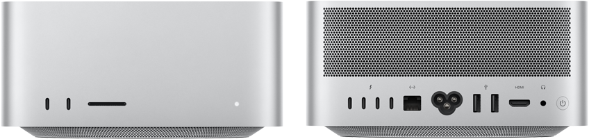 Mac Studio, avant, deux ports USB-C, lecteur de carte SDXC, voyant lumineux de statut, base fuselée, dessus plat, côtés arrondis, bords droits, finition argent, Mac Studio, arrière, évents en aluminium, quatre ports Thunderbolt 5, un port Ethernet, une prise de courant, deux ports USB-A, un port HDMI, une prise casque et bouton d'alimentation