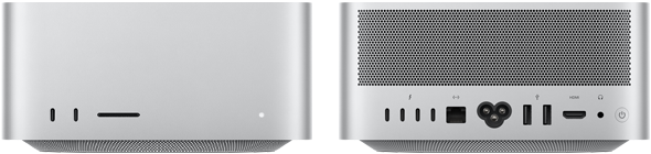 Mac Studio, avant, deux ports USB-C, lecteur de carte SDXC, voyant lumineux de statut, base fuselée, dessus plat, côtés arrondis, bords droits, finition argent, Mac Studio, arrière, évents en aluminium, quatre ports Thunderbolt 5, un port Ethernet, une prise de courant, deux ports USB-A, un port HDMI, une prise casque et bouton d'alimentation