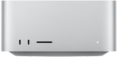 Mac Studio, avant, deux ports USB-C, lecteur de carte SDXC, voyant lumineux de statut, base fuselée, dessus plat, côtés arrondis, bords droits, finition argent, Mac Studio, arrière, évents en aluminium, quatre ports Thunderbolt 5, un port Ethernet, une prise de courant, deux ports USB-A, un port HDMI, une prise casque et bouton d'alimentation