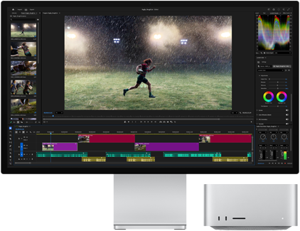 Studio Display XDR avec support intégré, le Mac Studio se loge parfaitement sous l'écran, flux de montage vidéo et d'étalonnage