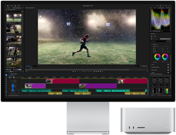 Studio Display XDR avec support intégré, le Mac Studio se loge parfaitement sous l'écran, flux de montage vidéo et d'étalonnage