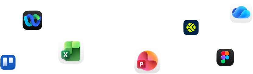 Une variété d’icônes d’apps dispersées, dont Webex, Microsoft Excel, Figma et d’autres