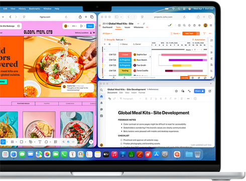 MacBook Air, l’écran affiche Figma, Zoho et Quip ouverts dans trois fenêtres distinctes, pour illustrer le mode multitâche