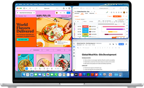 MacBook Air, l’écran affiche Figma, Zoho et Quip ouverts dans trois fenêtres distinctes, pour illustrer le mode multitâche