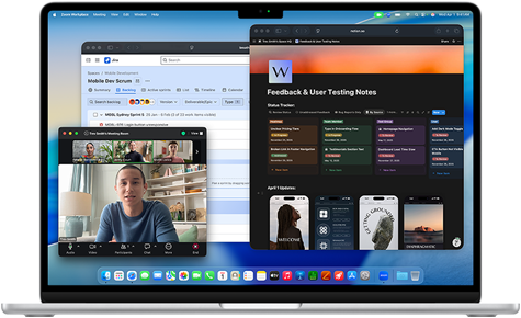 MacBook Air, écran affichant Notion, Jira et Zoom ouverts dans trois fenêtres distinctes, pour montrer que macOS permet d’utiliser plusieurs apps en toute fluidité