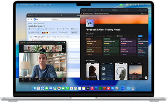 MacBook Air, écran affichant Notion, Jira et Zoom ouverts dans trois fenêtres distinctes, pour montrer que macOS permet d’utiliser plusieurs apps en toute fluidité