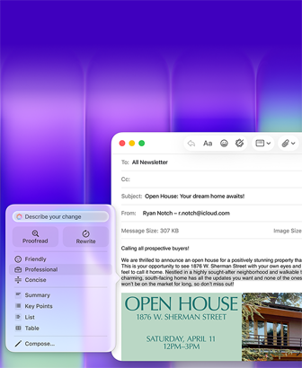 Écran de MacBook Neo, utilisation des Outils d’écriture d’Apple Intelligence dans Mail pour rédiger un e-mail contenant une invitation à une journée portes ouvertes