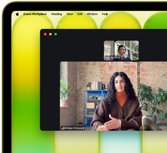 MacBook Neo, couleur jaune agrume, appel vidéo à l’écran, fonctionnalité Cadre centré qui maintient la personne dans le cadre