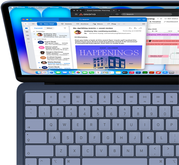 MacBook Neo, couleur indigo, une personne utilise ce MacBook en mode multitâche pour consulter ses e-mails avec Outlook et suivre le planning d’un projet avec Asana