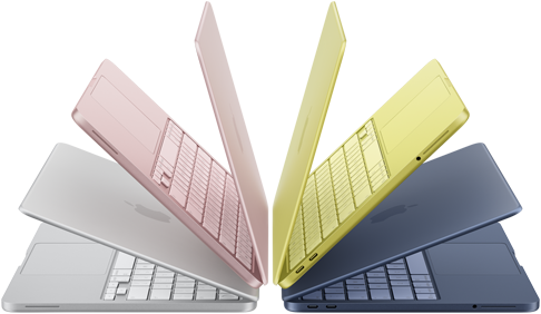 Ordinateurs portables MacBook Neo argent, rose poudré, jaune agrume et indigo, légèrement ouverts et disposés en demi-cercle
