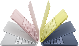Ordinateurs portables MacBook Neo argent, rose poudré, jaune agrume et indigo, légèrement ouverts et disposés en demi-cercle