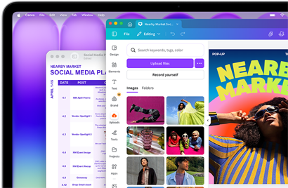 Écran d’un MacBook Neo, affichant un plan médias sociaux coloré dans Aperçu et un flyer aux couleurs vives pour un marché local en cours de création dans Canva, tous deux ressortant parfaitement sur ce superbe écran