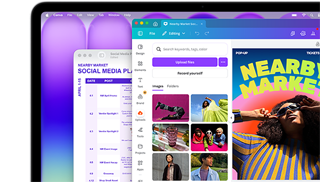 Écran d’un MacBook Neo, affichant un plan médias sociaux coloré dans Aperçu et un flyer aux couleurs vives pour un marché local en cours de création dans Canva, tous deux ressortant parfaitement sur ce superbe écran