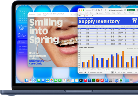 Écran d’un MacBook Neo, mettant en évidence la façon dont macOS actualise vos logiciels grâce aux mises à jour automatiques, un encart publicitaire pour un orthodontiste s’affiche dans Aperçu ainsi qu’une analyse des coûts du troisième trimestre dans Excel