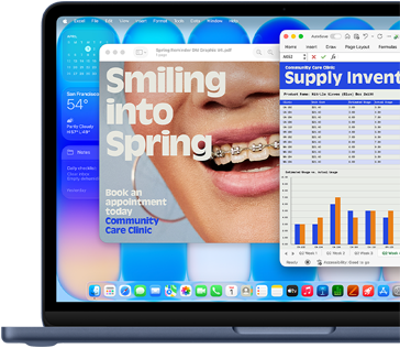Écran d’un MacBook Neo, mettant en évidence la façon dont macOS actualise vos logiciels grâce aux mises à jour automatiques, un encart publicitaire pour un orthodontiste s’affiche dans Aperçu ainsi qu’une analyse des coûts du troisième trimestre dans Excel