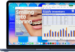Écran d’un MacBook Neo, mettant en évidence la façon dont macOS actualise vos logiciels grâce aux mises à jour automatiques, un encart publicitaire pour un orthodontiste s’affiche dans Aperçu ainsi qu’une analyse des coûts du troisième trimestre dans Excel